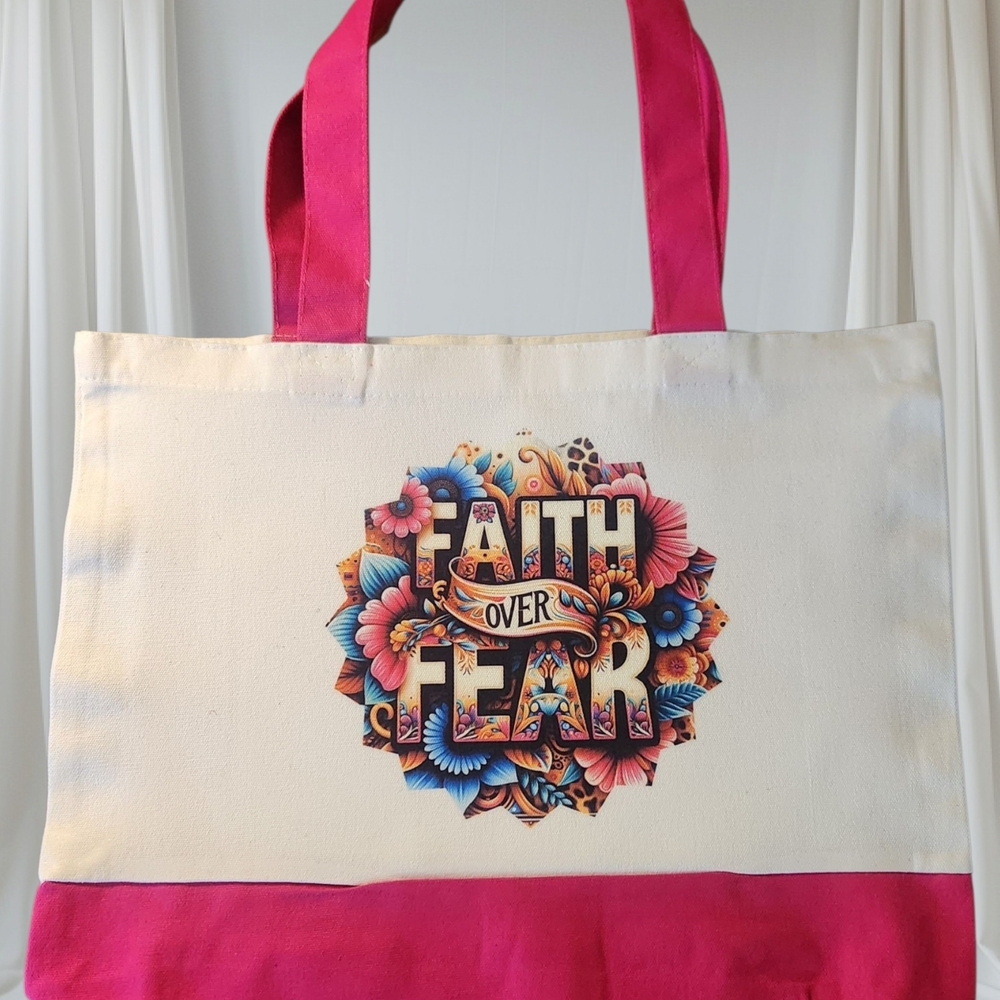 "Faith Over Fear" Canvas Tote Bag - Pink and Cream. Hand Crafted. NEW